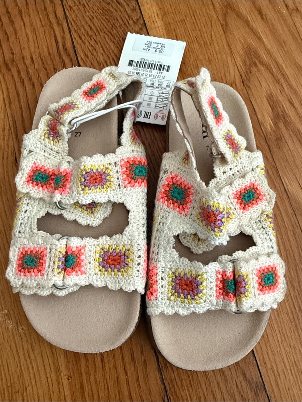 NWT Zara kids Crochet Strappy Sandals - Cream with Coral & Teal Accents 27- 11